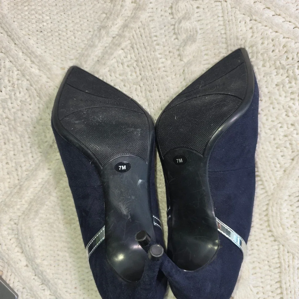 Marc Fisher Pumps Navy Suede Silver Metallic Heel Wrap Stilettos Women 7 NEW